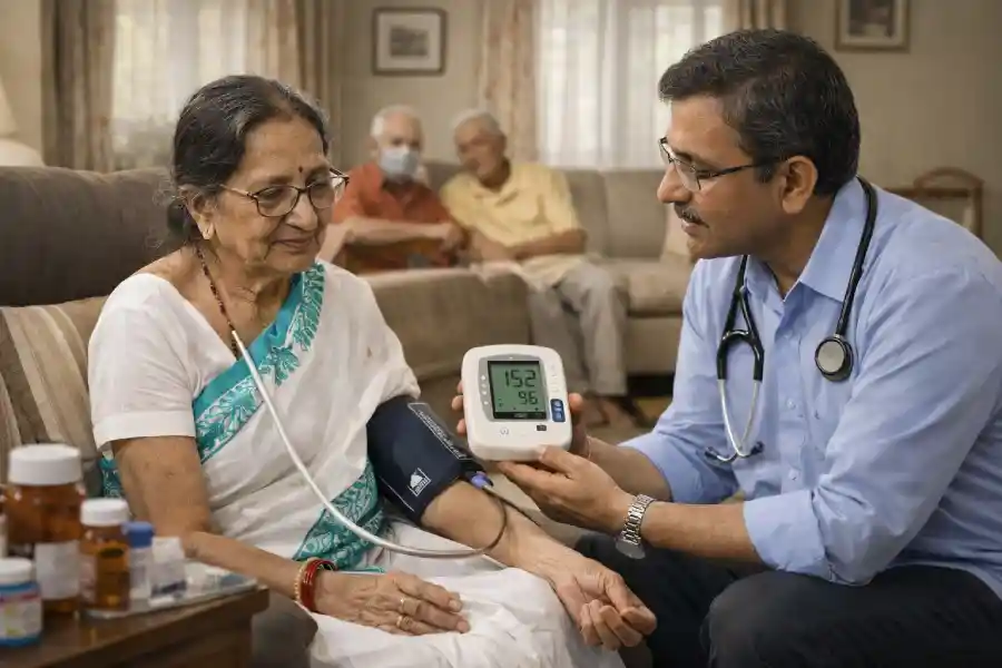 Elderly resident having blood pressure checked by a caregiver in a senior facility